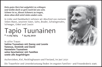 Traueranzeige von Tapio Tuunainen von Trauerkombi Aschersleben