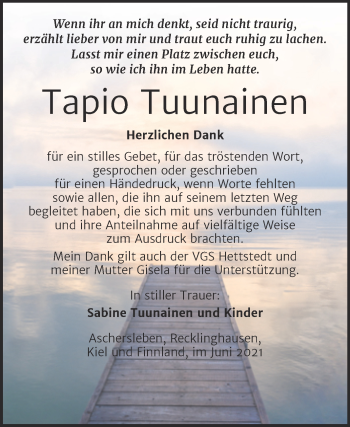 Traueranzeige von Tapio Tuunainen von Super Sonntag Aschersleben