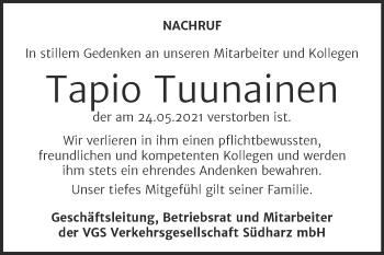 Traueranzeige von Tapio Tuunainen von Super Sonntag Aschersleben
