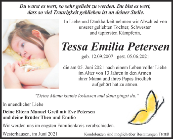 Traueranzeige von Tessa Emilia Petersen von Trauerkombi Quedlinburg