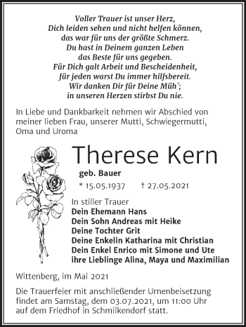 Traueranzeige von Therese Kern von Trauerkombi Wittenberg