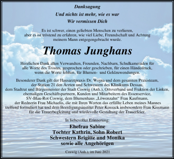 Traueranzeige von Thomas Junghans von Trauerkombi Dessau