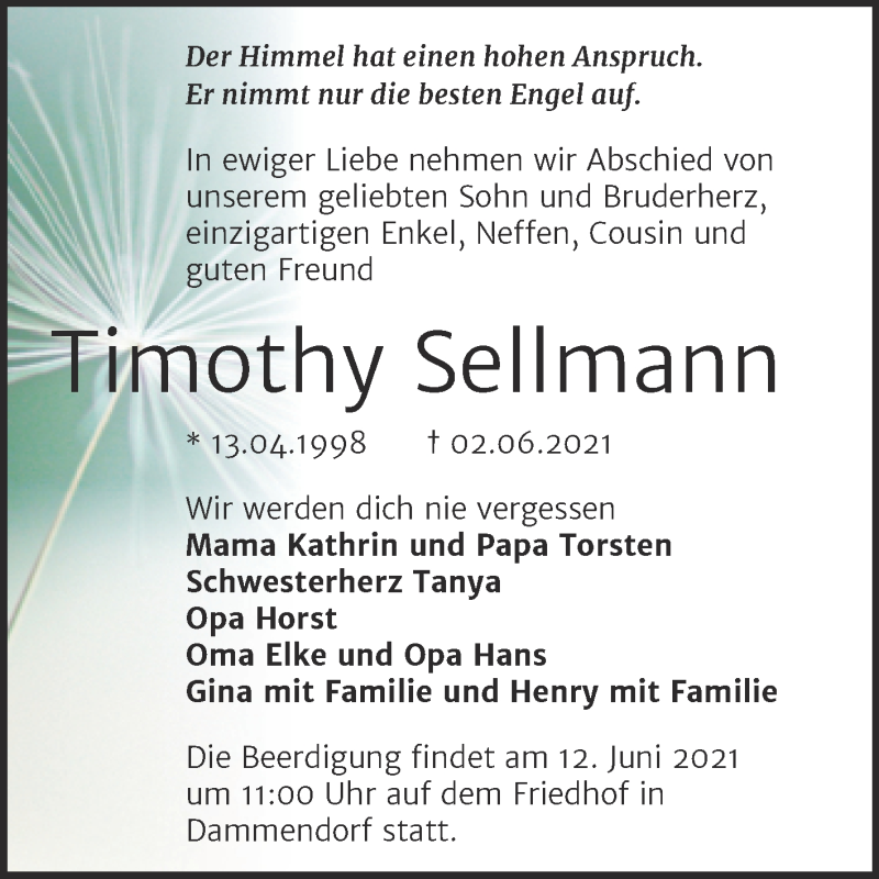  Traueranzeige für Timothy Sellmann vom 09.06.2021 aus Mitteldeutsche Zeitung Halle/Saalkreis