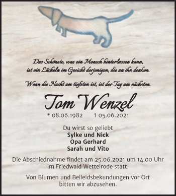 Traueranzeige von Tom Wenzel von Mitteldeutsche Zeitung Sangerhausen