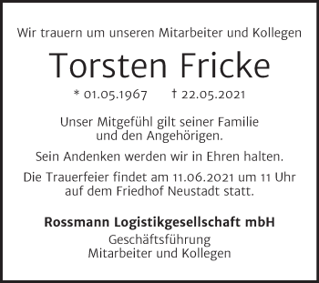 Traueranzeige von Torsten Fricke von Mitteldeutsche Zeitung Halle/Saalkreis