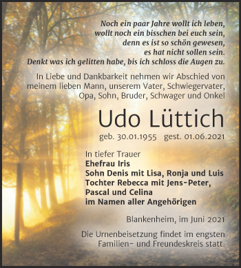 Traueranzeige von Udo Lüttich von Trauerkombi Sangerhausen
