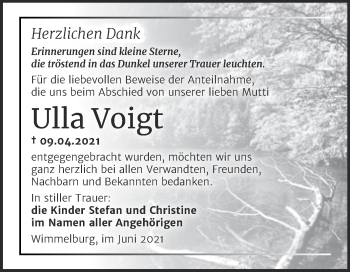 Traueranzeige von Ulla Voigt von Trauerkombi Mansfelder Land