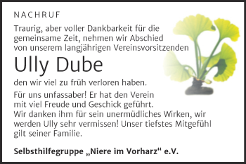Traueranzeige von Ully Dube von Trauerkombi Quedlinburg