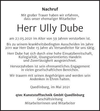 Traueranzeige von Ully Dube von Mitteldeutsche Zeitung Quedlingburg