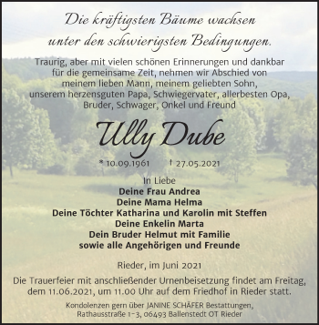 Traueranzeige von Ully Dube von Trauerkombi Quedlinburg