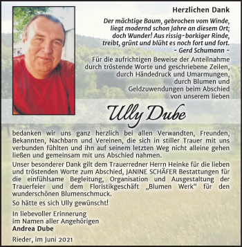Traueranzeige von Ully Dube von Trauerkombi Quedlinburg