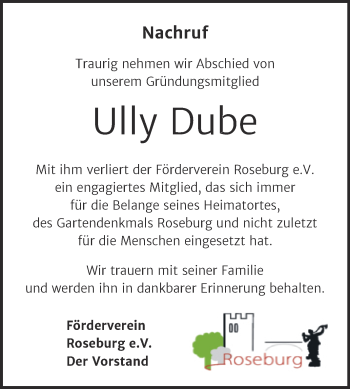 Traueranzeige von Ully Dube von Trauerkombi Quedlinburg