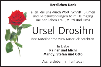 Traueranzeige von Ursel Drosihn von Trauerkombi Aschersleben