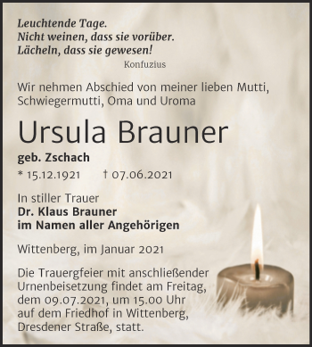 Traueranzeige von Ursula Brauner von Trauerkombi Wittenberg