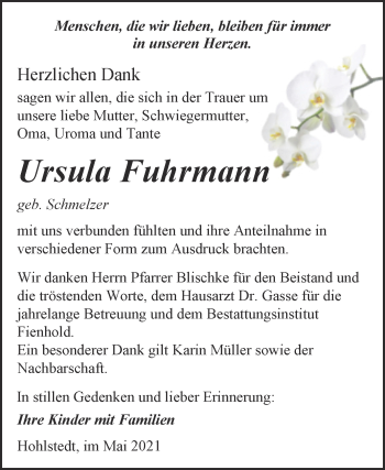 Traueranzeige von Ursula Fuhrmann von Trauerkombi Sangerhausen