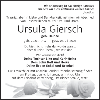 Traueranzeige von Ursula Giersch von Trauerkombi Wittenberg