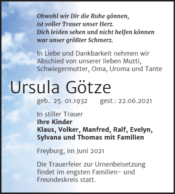 Traueranzeige von Ursula Götze von Wochenspiegel Naumburg/Nebra