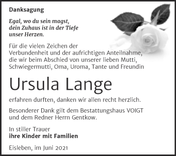Traueranzeige von Ursula Lange von Trauerkombi Mansfelder Land