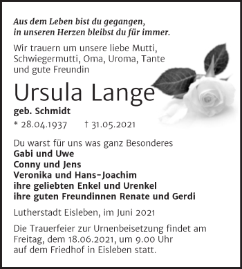 Traueranzeige von Ursula Lange von Trauerkombi Mansfelder Land