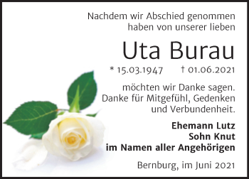 Traueranzeige von Uta Burau von Trauerkombi Bernburg