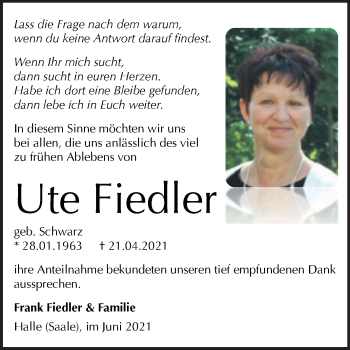 Traueranzeige von Ute Fiedler von Mitteldeutsche Zeitung Halle/Saalkreis
