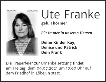 Traueranzeige von Ute Franke von Mitteldeutsche Zeitung Halle/Saalkreis