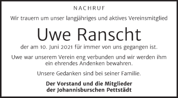 Traueranzeige von Uwe Ranscht von Trauerkombi Weißenfels