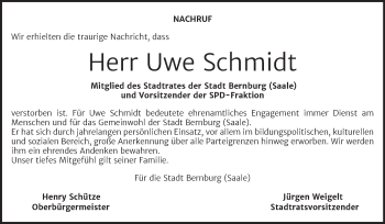 Traueranzeige von Uwe Schmidt von Super Sonntag Bernburg