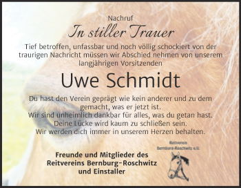 Traueranzeige von Uwe Schmidt von Super Sonntag Bernburg