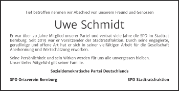 Traueranzeige von Uwe Schmidt von Super Sonntag Bernburg