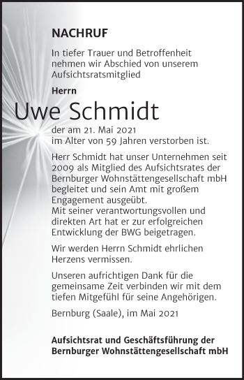 Traueranzeige von Uwe Schmidt von Super Sonntag Bernburg