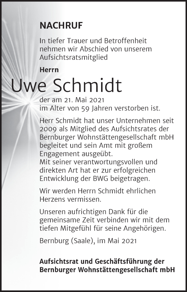  Traueranzeige für Uwe Schmidt vom 05.06.2021 aus Super Sonntag Bernburg