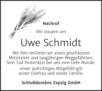 Traueranzeige von Uwe Schmidt von Super Sonntag Bernburg