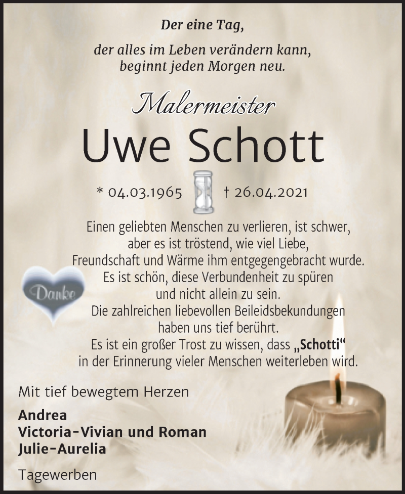  Traueranzeige für Uwe Schott vom 16.06.2021 aus Trauerkombi Weißenfels