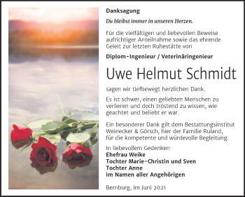 Traueranzeige von Uwe Helmut Schmidt von Trauerkombi Bernburg