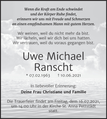 Traueranzeige von Uwe Michael Ranscht von Trauerkombi Weißenfels