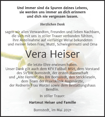 Traueranzeige von Vera Heiser von Trauerkombi Mansfelder Land
