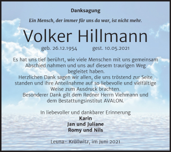 Traueranzeige von Volker Hillmann von Trauerkombi Merseburg
