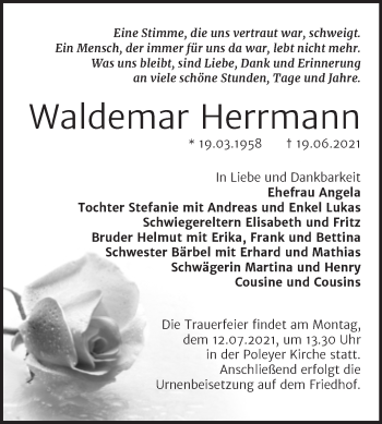 Traueranzeige von Waldemar Herrmann von Trauerkombi Bernburg