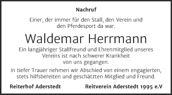 Traueranzeige von Waldemar Herrmann von Super Sonntag Bernburg