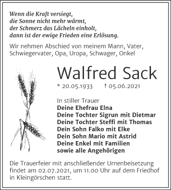 Traueranzeige von Walfred Sack von Trauerkombi Weißenfels