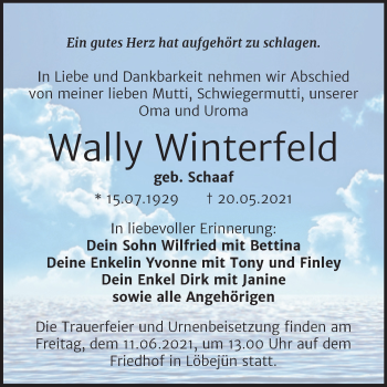 Traueranzeige von Wally Winterfeld von Mitteldeutsche Zeitung Halle/Saalkreis