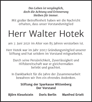 Traueranzeige von Walter Hotek von Mitteldeutsche Zeitung