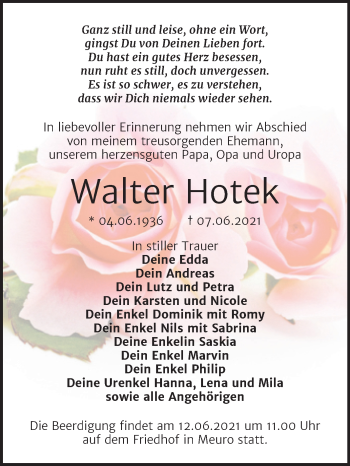 Traueranzeige von Walter Hotek von Trauerkombi Wittenberg