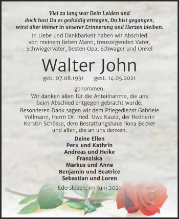 Traueranzeige von Walter John von Trauerkombi Sangerhausen