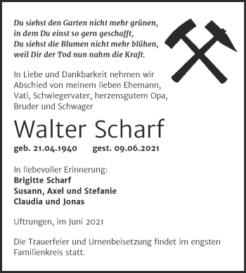Traueranzeige von Walter Scharf von Trauerkombi Sangerhausen