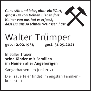 Traueranzeige von Walter Trümper von Trauerkombi Sangerhausen