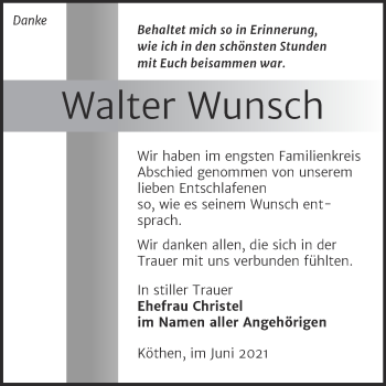 Traueranzeige von Walter Wunsch von Trauerkombi Köthen