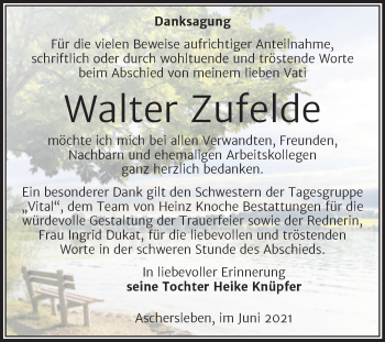Traueranzeige von Walter Zufelde von Trauerkombi Aschersleben