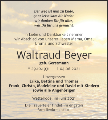 Traueranzeige von Waltraud Beyer von Trauerkombi Sangerhausen